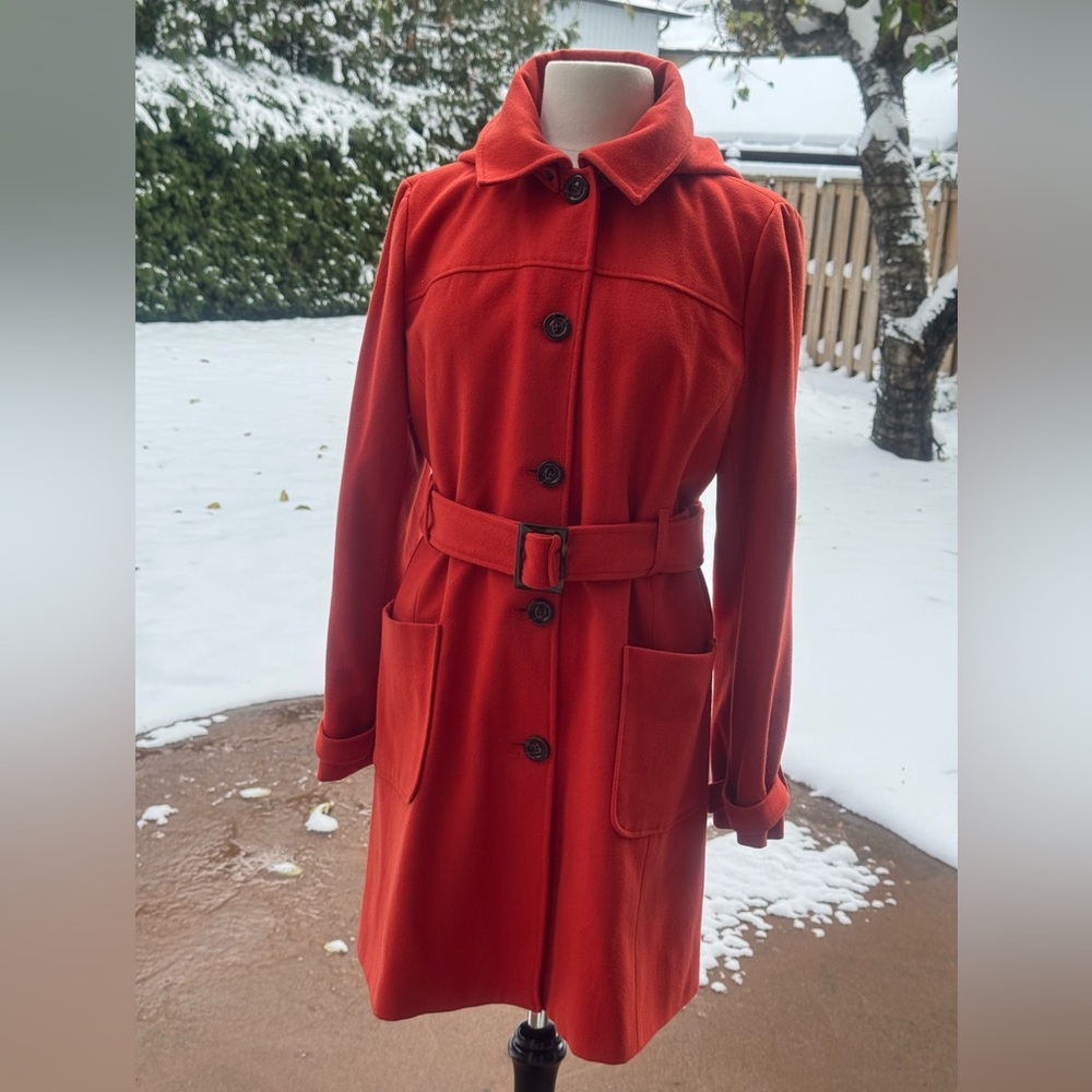 Banana Republic Orange Wool Blend Belted Coat Removable Hood L - Picture 3 of 13